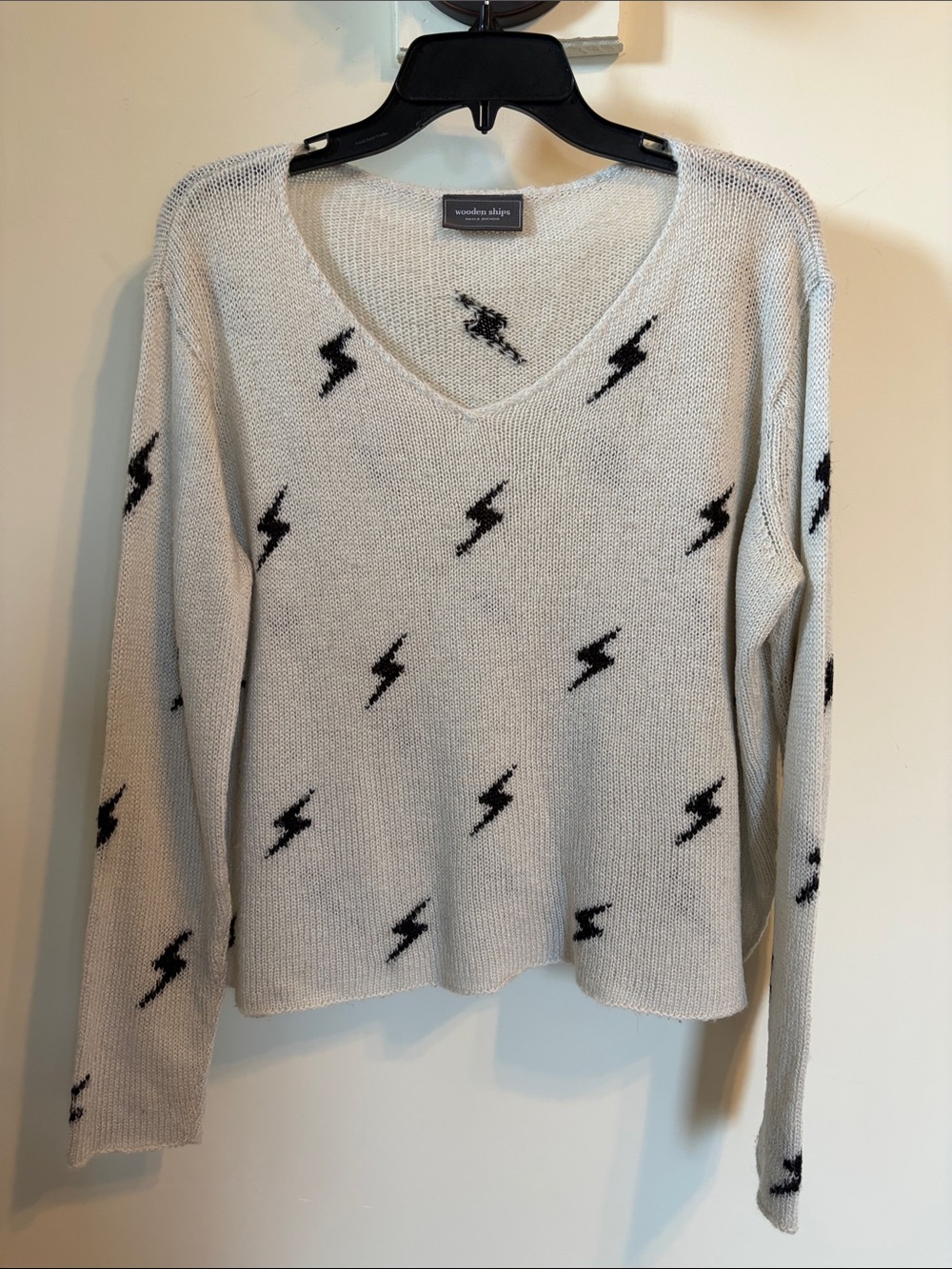 Wooden Ships Lightning Bolt Sweater Mohair Wool Blend Beige Black V Neck